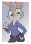  2017 acornart anthro badge belt border buckteeth clothed clothing disney female fully_clothed fur gradient_background grey_body grey_fur hi_res judy_hopps lagomorph leporid mammal pink_nose rabbit simple_background smile solo teeth white_border zootopia 