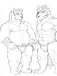  2016 anthro asian_clothing barazoku belly blush bulge canid canine canis clothing duo east_asian_clothing eye_patch eyewear fundoshi hi_res humanoid_hands japanese_clothing kemono male mammal moobs muscular navel nipples overweight overweight_male scar simple_background underwear v2wolf white_background wolf 