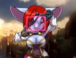  2020 big_breasts blurred_background breasts cleavage clothed clothing eye_patch eyewear female front_view furball hair humanoid league_of_legends looking_at_viewer portrait red_eyes red_hair riot_games science_fiction smile solo three-quarter_portrait video_games wyla_(furball) yordle 