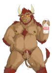  2014 anthro balls belly blush bodily_fluids bovid bovine brown_body brown_fur cattle cum fur genital_fluids genitals hi_res humanoid_genitalia humanoid_hands humanoid_penis kemono male mammal moobs nipples overweight overweight_male penis simple_background solo v2wolf white_background 
