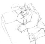  2014 anthro bed belly blush canid canine canis clothing furniture hi_res humanoid_hands kemono lying male mammal overweight overweight_male pillow solo text underwear v2wolf wolf 