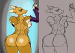  absurd_res anthro breasts claws digimon digimon_(species) female fur hi_res looking_at_viewer looking_back nude renamon simple_background sketch smile solo zadrex 