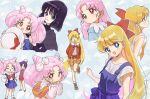  3girls aino_minako akakokko bishoujo_senshi_sailor_moon black_hair blonde_hair blue_eyes blush bow brown_footwear chibi_usa closed_eyes double_bun earrings full_body hat highres jacket jewelry long_hair long_sleeves multiple_girls multiple_views open_mouth overalls pink_hair purple_eyes red_bow red_eyes red_jacket sailor_collar sailor_moon sailor_venus short_hair short_sleeves smile tomoe_hotaru twintails upper_body very_long_hair white_headwear 