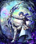  1boy absurdres armor arrow_(projectile) blue_eyes blue_hair blue_scarf bow_(weapon) commentary drawing_bow fantasy from_side highres holding holding_bow_(weapon) holding_weapon huge_filesize kaito knight magic magic_circle male_focus open_mouth petals scarf solo takaha_a_z tree vocaloid weapon 