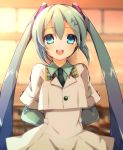  1girl aqua_eyes aqua_hair aqua_neckwear aqua_shirt arms_behind_back blurry blurry_background commentary dress food_themed_hair_ornament hair_ornament hatsune_miku long_hair looking_at_viewer necktie open_mouth ryuuga_sazanami shirt smile solo spring_onion spring_onion_hair_ornament sunset twintails uniform upper_body very_long_hair vocaloid white_dress white_uniform 