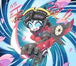  1girl autobot blue_eyes charging_forward chibi dynamic_pose energy_sword holding holding_sword holding_weapon looking_at_viewer mecha_musume mechanical_wings no_humans no_pupils open_mouth petals robot solo sunafuki_tabito sword transformers weapon windblade wings 