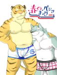  2011 anthro belly bulge canid canine canis clothing duo felid humanoid_hands kemono male male/male mammal moobs navel nipples overweight overweight_male pantherine pink_nose simple_background tiger underwear v2wolf white_background wolf 