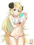  2girls absurdres akai_haato blonde_hair breasts cleavage collarbone food groin highres hololive horns long_hair looking_at_viewer multiple_girls navel open_mouth popsicle purple_eyes qianduan_mozhi sheep_horns swimsuit tsunomaki_watame virtual_youtuber 