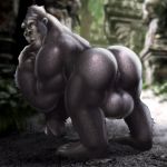  2020 ape balls black_body black_fur blurred_background butt dream_and_nightmare feral fingers fist fur genitals gorilla haplorhine hi_res looking_at_viewer looking_back male mammal nude open_mouth primate rear_view solo 