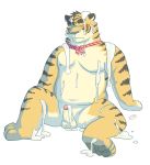  2017 absurd_res anthro balls belly bodily_fluids cum cum_on_body cum_on_face cum_on_ground cum_on_penis cum_on_stomach erection eyes_closed felid genital_fluids genitals hi_res humanoid_genitalia humanoid_hands humanoid_penis kemono male mammal moobs nipples overweight overweight_male pantherine penis simple_background solo tiger v2wolf white_background 