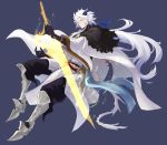  1boy black_gloves cape diarmait_briongloid elbow_gloves full_body gloves glowing glowing_weapon greaves hair_over_one_eye holding holding_sword holding_weapon horns parata pixiv_fantasia pixiv_fantasia_age_of_starlight pointy_ears simple_background solo sword weapon white_cape white_hair wide_sleeves 