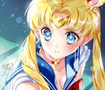  1girl bangs bishoujo_senshi_sailor_moon blonde_hair blue_eyes blue_sailor_collar blush bow choker circlet commentary_request crescent crescent_earrings dated derivative_work double_bun earrings eyebrows_visible_through_hair hair_ornament heart heart_choker highres jewelry kamiya_maneki long_hair parted_bangs parted_lips red_bow red_choker sailor_collar sailor_moon sailor_moon_redraw_challenge sailor_senshi_uniform screencap_redraw shirt signature sleeveless sleeveless_shirt solo tsukino_usagi twintails upper_body white_shirt 