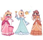  3girls blonde_hair blue_eyes breasts brown_hair charamells chiko_(mario) commentary crown dress english_commentary floating full_body gloves holding holding_umbrella looking_at_viewer mario_(series) multiple_girls pixel_art princess princess_daisy princess_peach rosalina simple_background small_breasts standing super_mario_galaxy super_smash_bros. umbrella white_background 