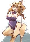  2020 anthro blue_eyes blush bow_tie breasts brown_hair canid canine canis clothed clothing dancing domestic_dog exposed_breasts female fur hair kemono leotard mammal nipples pole pole_dancing setouchi_kurage shirt_collar solo tan_body tan_fur 
