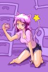  animal_humanoid bottomwear breasts camera cat_humanoid chair cleavage clothed clothing drawer eyebrow_piercing facial_piercing felid felid_humanoid feline feline_humanoid female furniture hair humanoid kneeling mammal mammal_humanoid minus8 piercing pink_eyes pink_hair selfie shorts solo star tongue tongue_out tongue_piercing torn_clothing 