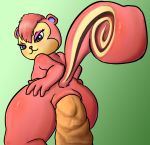  2020 animal_crossing anthro anthrofied big_tail blue_eyes blush eyeshadow feces female fur green_background hi_res hyper hyper_feces looking_at_viewer looking_back lordcuckness makeup mammal markings nintendo pecan_(animal_crossing) pink_body pink_fur pooping rodent scat sciurid simple_background solo tan_markings video_games 