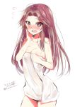  1girl arm_up blush breasts brown_eyes brown_hair eyebrows_visible_through_hair highres hizaka jintsuu_(kantai_collection) kantai_collection long_hair looking_at_viewer medium_breasts naked_towel open_mouth red_eyes simple_background solo towel twitter_username water_drop wet white_background white_towel 