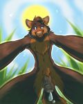  ailurid anthro armpit_tuft balls bodily_fluids brown_body brown_fur chest_tuft cloud detailed_background eyebrows flaccid flaccid_cock foreskin freckles fur genital_fluids genitals grass grey_body grey_fur grey_markings head_tuft hi_res light looking_at_viewer looming_over male mammal markings navel nude orange_body orange_fur outside penis perspective pink_nose precum precum_drip pubes purple_eyes raised_eyebrow red_panda sky slim smile smiling_at_viewer smirk solo sun sunlight tailtufts tuft vein view_from_below watermark whiskers white_markings 