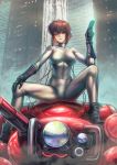  1girl artist_name bangs bob_cut bodysuit boots breasts closed_mouth cyborg fuchikoma fujii_eishun ghost_in_the_shell gloves gun highres holding holding_gun holding_weapon kusanagi_motoko large_breasts lips looking_at_viewer red_eyes short_hair sitting solo weapon 