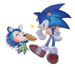  2020 ambiguous_gender animal_crossing anthro apron blue_body blue_fur chili_dog clothing crossover duo eulipotyphlan eyes_closed food footwear fur gloves green_eyes handwear hedgehog hi_res holding_food holding_object mabel_able male mammal nintendo shoes simple_background sonic_the_hedgehog sonic_the_hedgehog_(series) standing star tentarote video_games white_background 