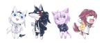  &gt;_&lt; 4girls :3 :d ahoge animal_ears animalization blue_eyes cat cat_ears cat_tail commentary_request dog dog_ears dog_tail doubutsu_no_mori fang fox_ears fox_tail full_body hololive hololive_gamers inugami_korone jacket long_hair multiple_girls nanakusa nekomata_okayu ookami_mio open_mouth outstretched_arms ponytail purple_eyes red_eyes running shirakami_fubuki simple_background smile spread_arms standing tail triangle_mouth white_background wolf wolf_ears wolf_tail 