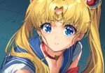  1girl absurdres bangs bishoujo_senshi_sailor_moon blonde_hair blue_eyes blue_sailor_collar blush choker crescent crescent_earrings derivative_work diadem double_bun earrings eyebrows_visible_through_hair heart heart_choker highres jewelry kuini long_hair red_choker sailor_collar sailor_moon sailor_moon_redraw_challenge sailor_senshi sailor_senshi_uniform screencap_redraw solo sweatdrop tsukino_usagi twintails upper_body 