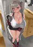  1girl :o asanagi azur_lane bangs bare_shoulders belt black_belt black_skirt blush breasts cleavage collarbone cosplay covered_nipples earrings eyebrows_visible_through_hair formidable_(azur_lane) gloves grey_hair hand_on_hip highres huge_breasts jewelry leaning_forward long_hair looking_at_viewer nose_blush open_mouth pulled_by_self red_eyes skirt skirt_pull solo source_request standing suspender_skirt suspenders tank_top tifa_lockhart tifa_lockhart_(cosplay) translation_request twintails very_long_hair 