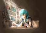  1girl armor blue_hair book bookshelf byleth_(fire_emblem) byleth_(fire_emblem)_(female) chair closed_eyes closed_mouth fire_emblem fire_emblem:_three_houses open_book robaco sitting solo twitter_username 