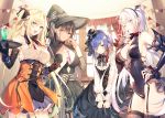  4girls :d aqua_eyes armpits bare_shoulders black_dress black_gloves black_hair black_headwear black_leotard blonde_hair blue_eyes blue_hair braid breasts bridal_gauntlets brown_legwear character_request choker cleavage cowboy_shot cup demon_wings dress drinking_glass earrings elbow_gloves finger_to_mouth garter_straps gloves groin hairband hand_on_hip hand_up hat head_wings highleg highleg_leotard highres jewelry lace_trim large_breasts latex leotard long_hair long_sleeves looking_at_viewer lyseria_christaria medium_breasts mini_hat mini_wings multiple_girls nail_polish one_eye_closed open_mouth parted_lips purple_eyes red_nails ribbon_choker seiken_gakuin_no_maken_tsukai shirt short_hair sleeveless sleeveless_shirt smile standing test_tube thighhighs thighs toosaka_asagi tray underbust very_long_hair white_hair white_shirt window wings witch_hat 