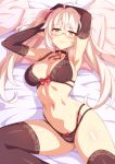  1girl ahoge armpits arms_up bed_sheet black_bra black_choker black_gloves black_legwear black_panties bow bow_bra bow_panties bra breasts choker cleavage closed_mouth commentary_request elbow_gloves glasses gloves head_on_pillow lingerie long_hair looking_at_viewer lying medium_breasts mmrailgun navel on_back on_bed original panties pointy_ears red_bow semi-rimless_eyewear solo spread_legs sweat thighhighs twintails under-rim_eyewear underwear underwear_only white_hair yellow-framed_eyewear yellow_eyes 