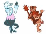  anthro chest_fur chest_tuft claws cloud dregadude duo felid female gesture green_eyes hybrid laugh lion male mammal nude open_mouth pangolin pantherine pawpads paws pointing scales scalie surprise teeth tuft unknown_species 