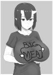  big_breasts breasts english_text female hi_res holding_breast horn horned_humanoid huge_breasts humanoid humanoid_pointy_ears monochrome nao_(artist) simple_background solo text 