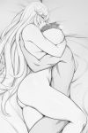  1boy 1girl blush breasts closed_mouth from_above granblue_fantasy greyscale hair_between_eyes half-closed_eyes heart hetero highres hug huge_breasts long_hair lvl_(sentrythe2310) lying magisa_(granblue_fantasy) monochrome nipples nude on_bed on_side profile sex smile sweat very_long_hair 