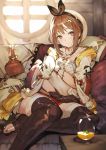  1girl atelier_(series) atelier_ryza bangs belt boots breasts bridal_legwear bright_pupils brown_eyes brown_gloves brown_hair brown_legwear cleavage gloves hat highres holster hooded_vest jewelry leather leather_belt looking_at_viewer medium_breasts necklace official_art pouch red_shorts reisalin_stout scan short_hair short_shorts shorts shoulder_cutout single_glove sitting smile solo star star_necklace thigh_gap thigh_holster thighhighs toeless_boots toeless_legwear toridamono white_pupils 