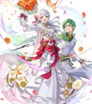  1boy 1girl alternate_costume bird blush bouquet bow cape crossed_arms dress feathered_wings feathers fire_emblem fire_emblem:_radiant_dawn fire_emblem_heroes flower full_body gloves green_hair grey_hair highres leaf long_hair micaiah_(fire_emblem) official_art open_mouth petals sothe_(fire_emblem) sparkle teffish transparent_background veil wings yellow_eyes yune_(fire_emblem) 