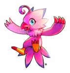  avian beak biyomon blue_eyes blue_markings claws digimon digimon_(species) eyeslashes feather_tuft feathers female feral flying happy lunarthunderstorm markings open_mouth pink_body pink_feathers red_beak red_claws ring semi-anthro signature simple_background solo tail_feathers toe_claws tuft white_background 
