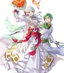  1boy 1girl alternate_costume bird blush bouquet bow cape crossed_arms dagger dress feathered_wings feathers fire_emblem fire_emblem:_radiant_dawn fire_emblem_heroes flower full_body gloves green_hair grey_hair highres leaf long_hair micaiah_(fire_emblem) official_art open_mouth sothe_(fire_emblem) teffish transparent_background veil weapon wings yellow_eyes yune_(fire_emblem) 