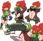  1boy 1girl absurdres blush bottomless breast_grab clothed_sex cum cum_in_pussy cyrano gloves grabbing highres leona_heidern ponytail red_hair the_king_of_fighters yellow_eyes 