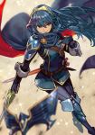  1girl armor blue_eyes blue_gloves blue_hair bodysuit breastplate cape closed_mouth falchion_(fire_emblem) fingerless_gloves fire_emblem fire_emblem_awakening floating_hair gloves hair_between_eyes hair_ornament hand_on_own_chest hankuri holding holding_sword holding_weapon lips long_hair lucina_(fire_emblem) mask mask_removed multicolored multicolored_cape multicolored_clothes red_cape ribbed_sweater sheath shoulder_armor solo sweater sword tiara weapon 