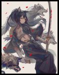  1girl animal_ears arknights bandaged_arm bandages bangs black_border black_hair black_hakama black_kimono border commentary feet_out_of_frame grey_background grey_sash hakama highres holding holding_sword holding_weapon japanese_clothes katana kimono left-handed long_hair long_sleeves midriff open_clothes open_kimono red_eyes sarashi sash scabbard sheath simple_background stomach sword texas_(arknights) veilrain weapon wide_sleeves wolf wolf_ears 