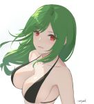  1girl :d azur_lane bangs bare_shoulders bikini black_bikini breasts cleavage collarbone commentary_request eyebrows_visible_through_hair green_hair large_breasts littorio_(azur_lane) long_hair looking_at_viewer maoyao-ll open_mouth red_eyes signature simple_background smile solo swept_bangs swimsuit upper_body white_background 