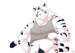  2014 anthro belly blue_eyes blush clothing felid humanoid_hands male mammal nat10730 navel pantherine pubes shirt simple_background slightly_chubby solo tiger topwear white_background 