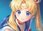  1girl artist_name bangs bishoujo_senshi_sailor_moon blonde_hair blue_eyes blue_sailor_collar blush breasts choker circlet cleavage commentary_request crescent crescent_earrings dated earrings hair_ornament hair_over_shoulder heart heart_choker ika_(4801055) jewelry long_hair parted_bangs parted_lips red_choker sailor_collar sailor_moon sailor_moon_redraw_challenge solo teeth tsukino_usagi twintails twitter_username upper_body 