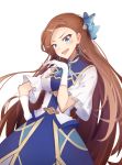  1girl :d absurdres blue_dress blue_eyes blue_ribbon blush brown_hair commentary_request dress earrings gloves hair_ornament hair_ribbon hand_on_hip head_tilt highres jewelry katarina_claes laughing long_hair open_mouth otome_game_no_hametsu_flag_shika_nai_akuyaku_reijou_ni_tensei_shite_shimatta ribbon short_sleeves simple_background smile solo teallysky very_long_hair white_background white_gloves wide_sleeves 