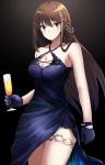  1girl absurdres bare_shoulders black_hair breasts cleavage cup drinking_glass girls_frontline glass gloves green_hair hair_ornament highres holding holding_cup long_hair looking_at_viewer m4a1_(girls_frontline) medium_breasts multicolored_hair solo streaked_hair tete3873 wine_glass 