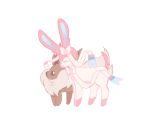  brown_eyes charamells closed_mouth commentary creature eevee english_commentary full_body gen_1_pokemon gen_6_pokemon happy no_humans pokemon pokemon_(creature) simple_background smile standing sylveon white_background 