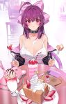  1girl ahoge bag blush bow cake cellphone cellphone_charm choker damda eating embarrassed fate/grand_order fate_(series) food fork fruit hair_bow handbag ice_cream icing long_hair milkshake nail_polish phone plate purple_hair red_eyes ribbon scathach_(fate)_(all) scathach_(fate/grand_order) solo spill strawberry sundae table 