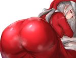  1girl absurdres ass ass_focus bent_over breasts commentary_request fate/grand_order fate_(series) florence_nightingale_(fate/grand_order) from_behind hat highres huge_ass huge_filesize large_breasts light_smile long_hair looking_at_viewer looking_back namonakisyura red_eyes santa_costume santa_hat silver_hair simple_background solo thick_thighs thighs white_background 