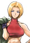  1girl anagumasan blonde_hair blue_eyes blue_mary crop_top fatal_fury gloves highres jacket_on_shoulders muscle muscular_female short_hair sleeveless solo upper_body 