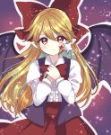  bat_wings black_vest blonde_hair blush bow closed_mouth elis_(touhou) facial_mark hair_bow highres holding holding_wand long_hair long_skirt long_sleeves looking_at_viewer ougi_hina pointy_ears red_bow red_eyes red_neckwear red_skirt shirt skirt star star_wand touhou touhou_(pc-98) upper_body vest wand white_shirt wings 